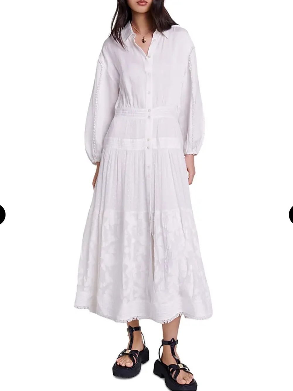 Maje floral linen blend crochet trim long sleeve riponita dress